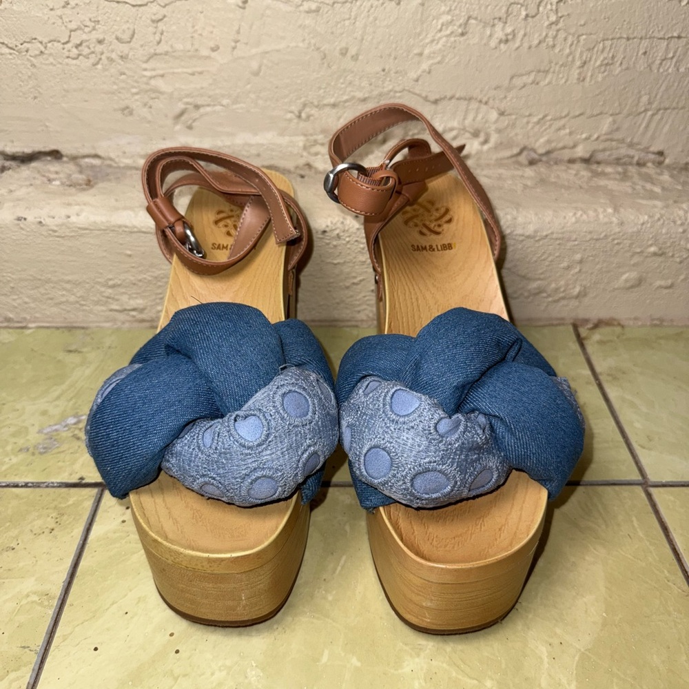 Sam & Libby Denim Knot Platform Clog Sandals Wood Heel Boho Size 8.5 Retro - Picture 5 of 12
